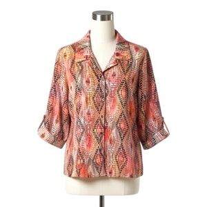 Stephanie by Crystal Tribal Geometric Print Blouse 3/4 Sleeve Multi-Color